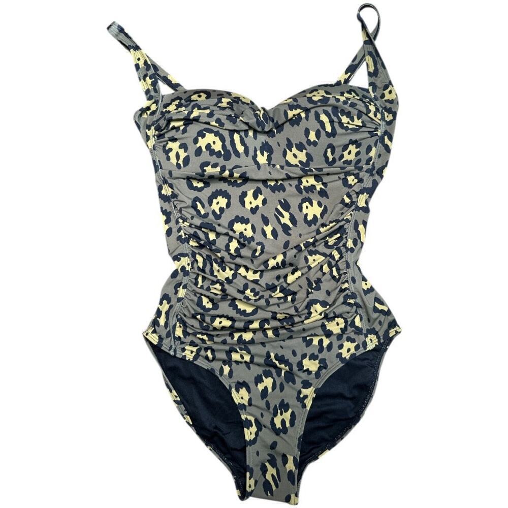 Betsey Johnson Olive Green Leopard Print Ruched One-Piece Swimsuit Swimwear M